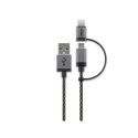 CABSTONE Lightning iPhone charge/sync 2in1 cable, black-silver, 8pin + micro - USB A M/M, 1m