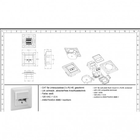 Outlet 2xRJ45 flush, STP Cat5e Shielded