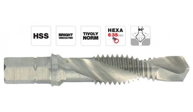 Combi tapping drill bit HSS, 1/4" hex shank, M3