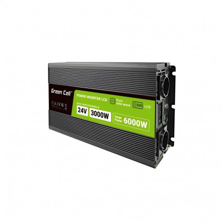 Green Cell PowerInverter LCD 24 V 3000W/60000W autoinverter ekraaniga puhas siinus vooluadapter must