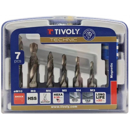 Tivoly Combination Tap Set – 7-Piece, M3–M10, HSS, Hex Shank, 3-in-1 Drill-Tap-Deburr