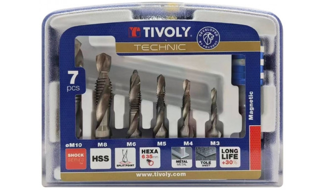 Tivoly Combination Tap Set – 7-Piece, M3–M10, HSS, Hex Shank, 3-in-1 Drill-Tap-Deburr