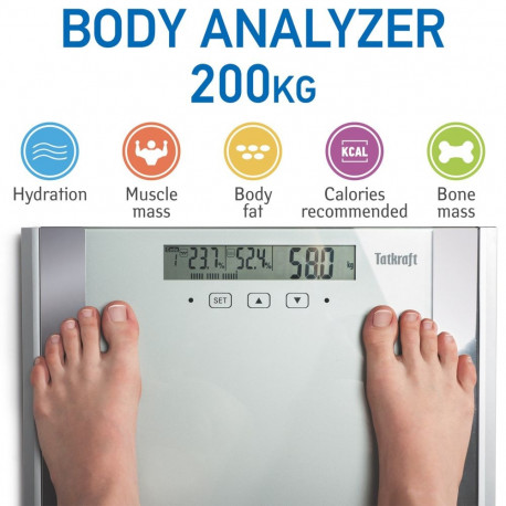 Tatkraft Fitness Digital Body Scale 200kg / 440Lbs Fat Bone Mass Hydration Muscle Analyzer 39X30cm w