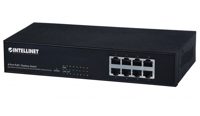Intellinet 8-Port Fast Ethernet PoE+ Switch, 8 x PoE ports, IEEE 802.3at/af Power-over-Ethernet (PoE