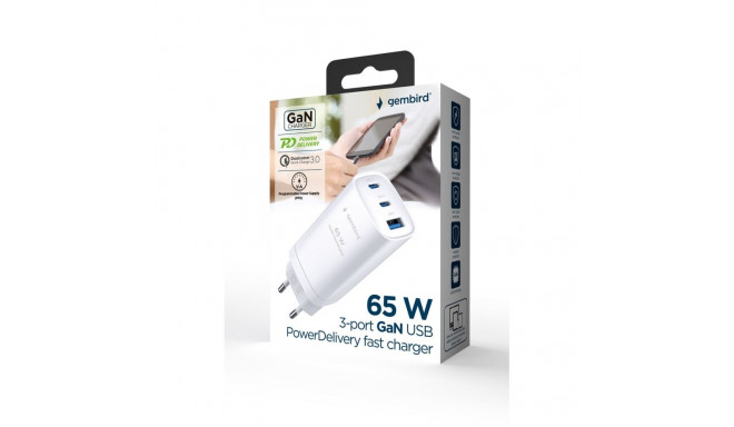 Gembird TA-UC-PDQC65-01-W 3-port 65 W GaN USB PowerDelivery kiirlaadija, valge