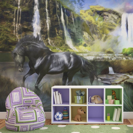 Fototapeet - Horse on the background of sky-blue waterfall - 250x193