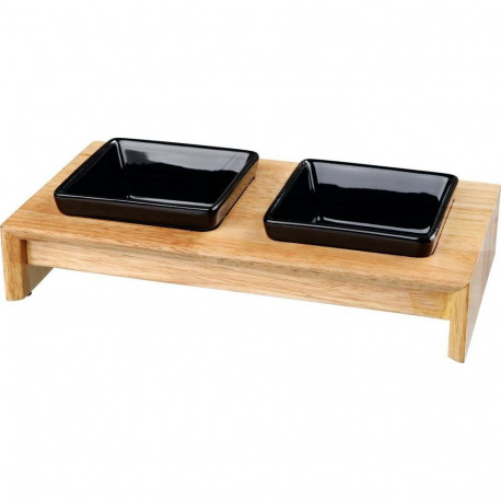 Bowl set, ceramic/wood, 2 × 0,2 l/10 cm/28 × 5 × 15 cm, bowls: black, Trixie