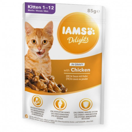 Complete (wet) feed  Delights for kitten and junior cats, Rich in fresh chicken in gravy 85 g, Iams