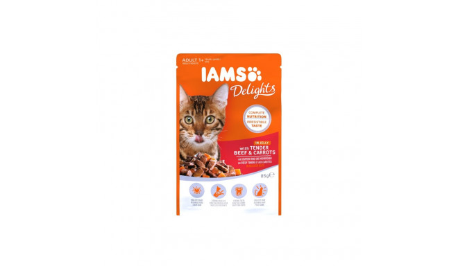 Täissööt (konserv) IAMS Delights täiskasvanutele, maitsva veiseliha ja porgandiga tarretises 85 g