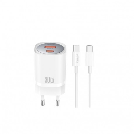XO wall charger CE21 PD 30W 1x USB-C 1x USB white + cable USB-C - USB-C