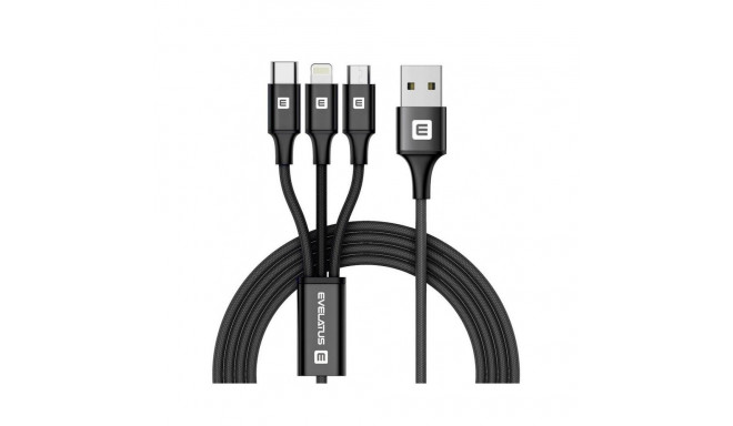 Evelatus LTM01 Nöörist punutud andme- ja laadimiskaabel 3in1 Ligtning Type-C Micro 1m USB Must