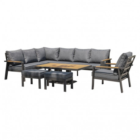 Aiamööblikomplekt PARKER laud, nurgadiivan, tugitool ja 2 tumbat, hall