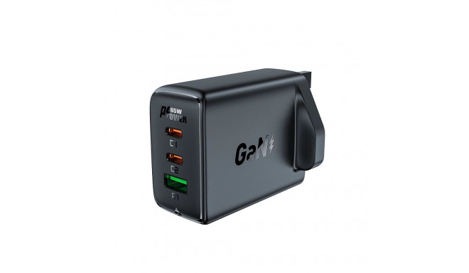 Acefast charger GaN 65W 3 ports (1xUSB, 2xUSB C PD) UK plug black (A44)