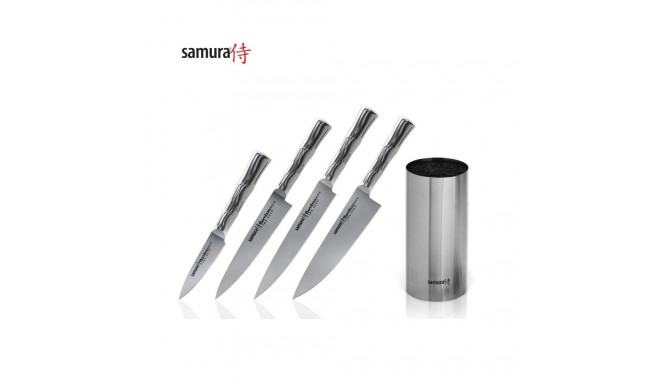 Samura BAMBOO Knife Set of 4pcs + Stainless steel Universal Knife Holder from AUS 8 Japanese steel 5