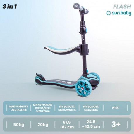 Rowerek biegowy hulajnoga deskorolka Flash 3 w 1 z kołami LED - pastelowy niebieski