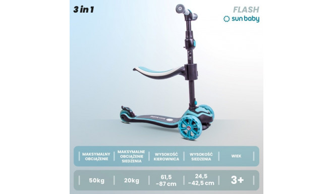 Rowerek biegowy hulajnoga deskorolka Flash 3 w 1 z kołami LED - pastelowy niebieski