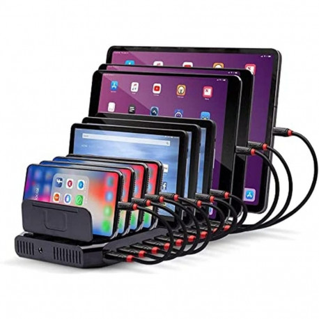 10 Port USB-Ladestation, 10x USB-A (schwarz, gleichzeitiges Laden von bis zu 10 Tablets / Smartphone