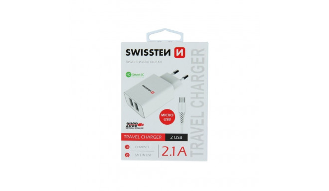 Swissten Smart IC võrgulaadija 2x USB 2.1A mikro-USB kaabliga 1.20 m valge
