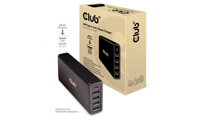 CLUB3D USB Type A and C Power Charger, 5 ports up to 111W