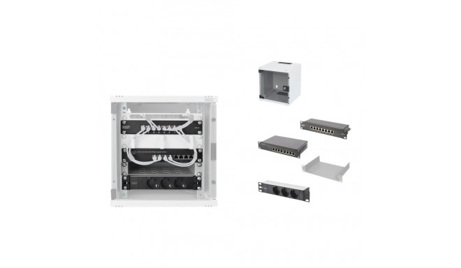 Digitus 10" võrgukomplekt, 6U kapp, riiul, PDU, 8-pordiline lüliti, CAT 6 jaotuspaneel, hall DN-10-S