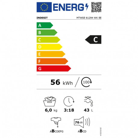Indesit MTWSE 61294 WK EE energiatõhususklass C eestlaetav pesumasin 6 kg 1151 p/min sügavus 42,5 cm