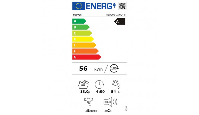 Hoover | Washing Machine | H3WS413TAMCE/1-S | Energy efficiency class B | Front loading | Washing ca