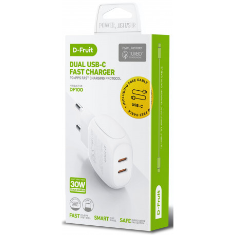 D-Fruit laadija 30W 2xUSB-C + USB-C kaabel DF100 1m
