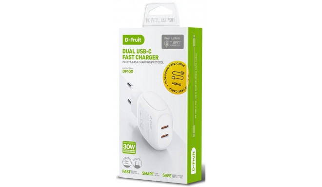 D-Fruit laadija 30W 2xUSB-C + USB-C kaabel DF100 1m