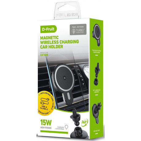 D-Fruit telefonihoidik autosse + juhtmevaba laadija Magnetic 15W (DF109)