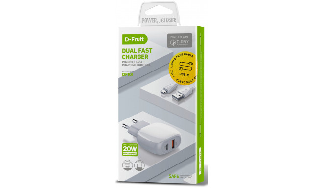 D-Fruit charger USB-A + USB-C + USB-C cable 1m (DF101)