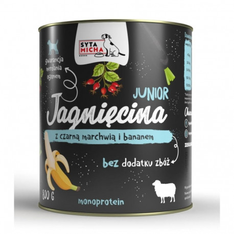 SYTA MICHA märg koeratoit Junior lambaliha musta porgandi ja banaaniga 800g