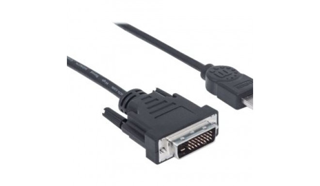 MANHATTAN HDMI kaabel 1.8m must HDMI 19-pin isane DVI-D 24+1 isane kullatud ühendused