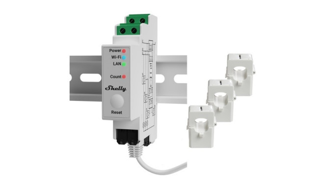 "Shelly Relais ""Pro 3EM 120A"" WLAN LAN Stromzähler Inkl. 3x 120A Klemmen Messfunktion BT DIN-Rail"