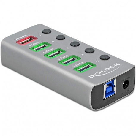 USB 3.2 Gen 1 4-portine jaotur 1 kiirlaadimisportiga, lülitiga ja valgustusega, hall