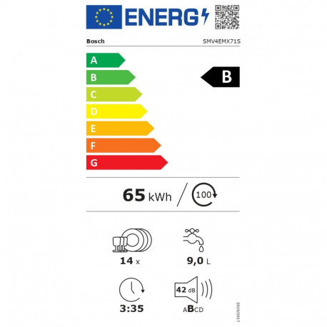 Nõudepesumasin SMV4EMX71S integreeritud laius 60 cm 14 nõudekomplekti 6 programmi energiatõhususklas