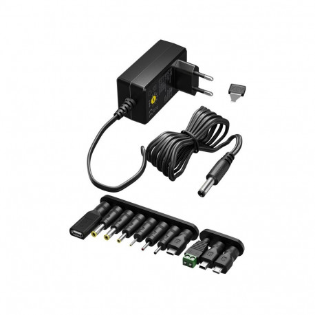 Universal Power Supply 3-12V, 0.3A 3.6W, 1x USB-C, 1xUSB-A, 1x USB micro + 7 DC adapters, black