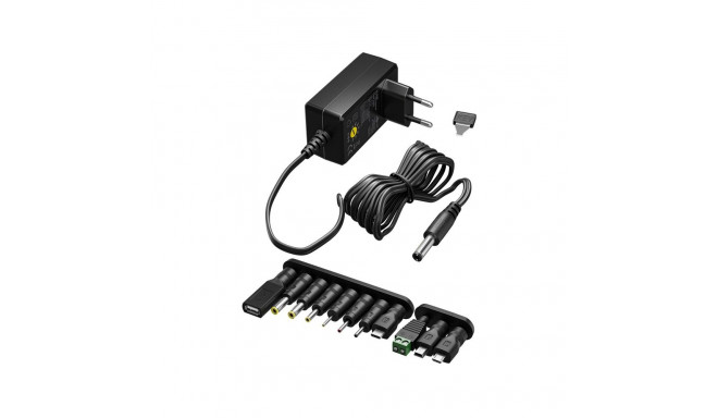 Universaalne toiteplokk, 3-12V, 0.3A, 3.6W, 1x USB-C, 1xUSB-A, 1x USB micro + 7 DC adapterit, must