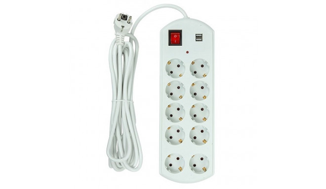 Extension cord 5m, 10 sockets, 2x USB, with switch