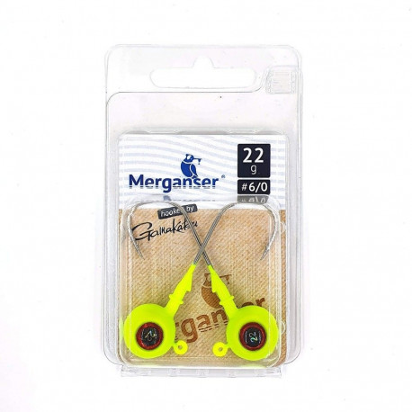 Jig head, 3D Eyes, 4 g, yellow, Hooked by Gamakatsu, 2 pcs, Merganser