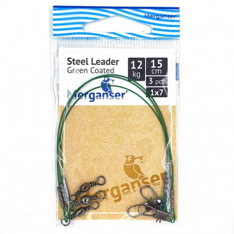 Steel leader, 1x7 covered, green, 12 kg, 15 cm, 3 pcs, Merganser