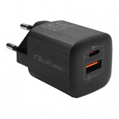 QOLTEC laadija 50764 GaN ULTRA 35W 5-20V / 2.25 3A / 1 x USB Type-C PD / 1x USB, must