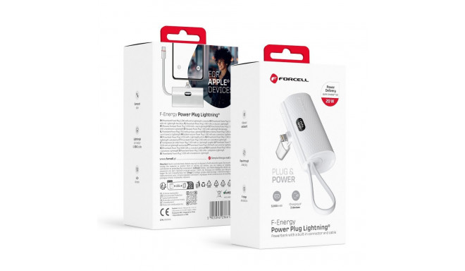 FORCELL F-ENERGY Power Plug F5K3 powerbank with built-in connector Lightning PD 20W 5000 mAh white