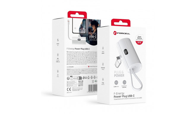FORCELL F-ENERGY Power Plug F5K3 powerbank with built-in connector Type C PD 20W 5000 mAh white