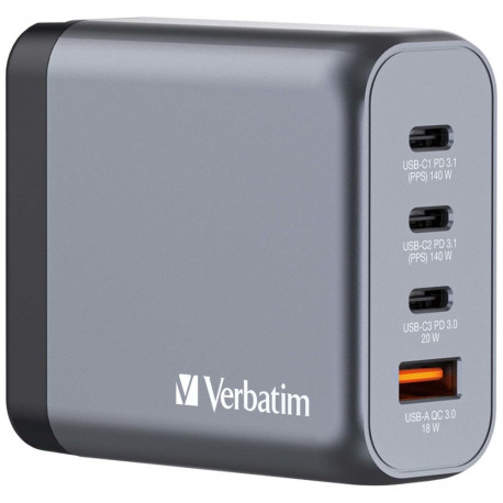 USB-laadija seinapesasse Verbatim GaN 140W, 2xUSB-C, 1xUSB-C (PD3.0), USB-A 20W ja USB-A 18W QuickCh