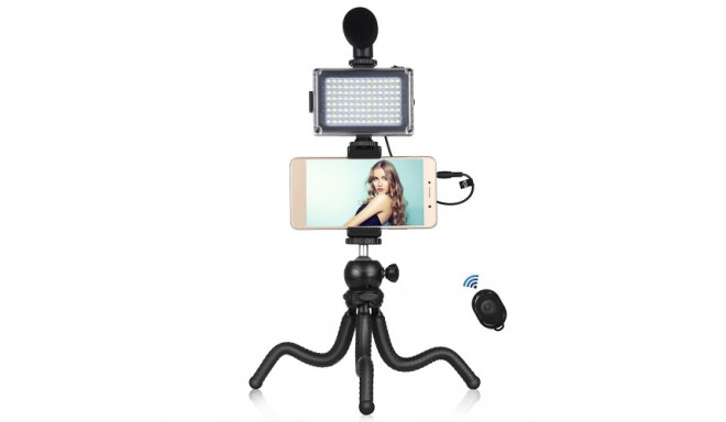 Blogging Smartphone Video Rig (LED Light, Flexible Tripod, Phone Holder, Mic)