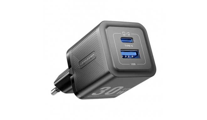 Wall charger, Vention, FEQB0-EU,  USB-C, USB- A, 30W/30W, GaN (black)