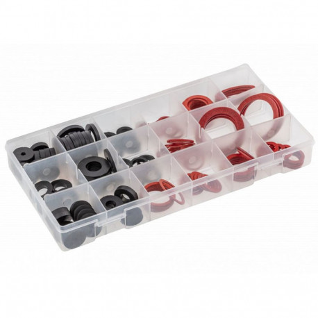Hogert HT8G510 Gasket Set, 141 pcs, 18 sizes, rubber/vulcanized fibre, black/red, plastic cassette