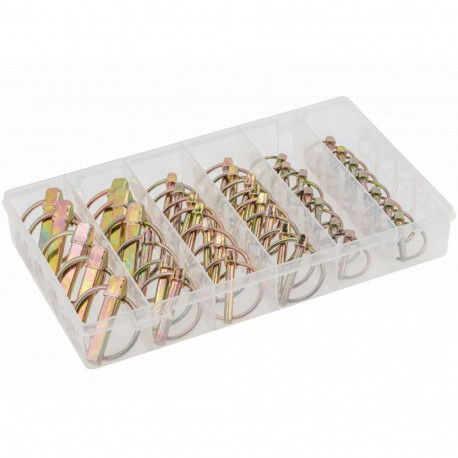 Hogert HT8G506, 50pc split pin assortment, steel, zinc-coated, 5-11mm, with ring, plastic cassette