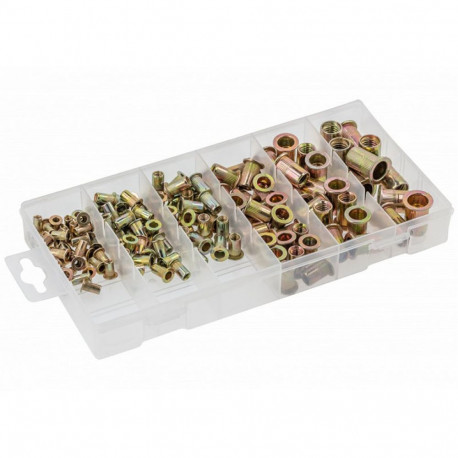 Hogert HT8G505 150pc Rivet Nut Assortment, Steel, M3-M10, 4.8-12.9mm, 6 sizes, box