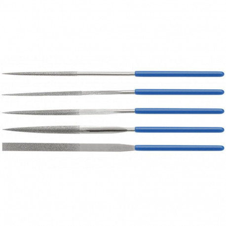 Hogert needle file set HT3B808, 5 pcs, 140 mm, 50 mm, 3 mm, A3 steel, flat, triangular, square, half